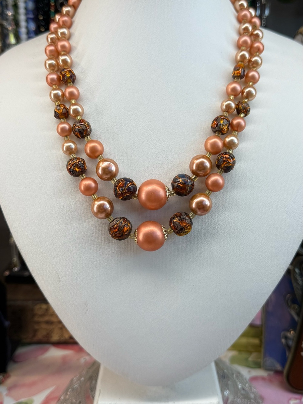Vintage Japan Elegant Peach and Gold Double-Strand Necklace - Women Jewelry